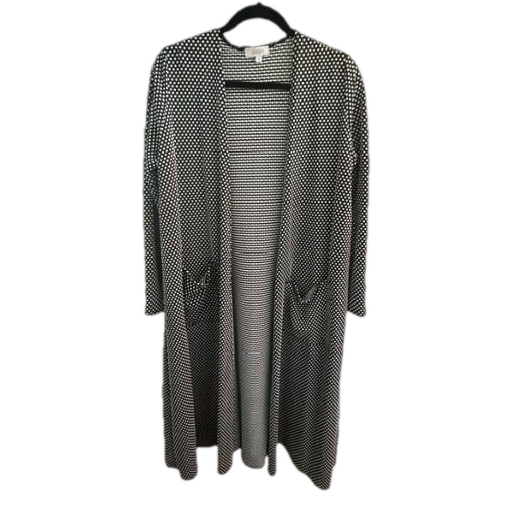 LuLaRoe Sarah Long Duster Cardigan Pockets Black White Polka Dot Size M